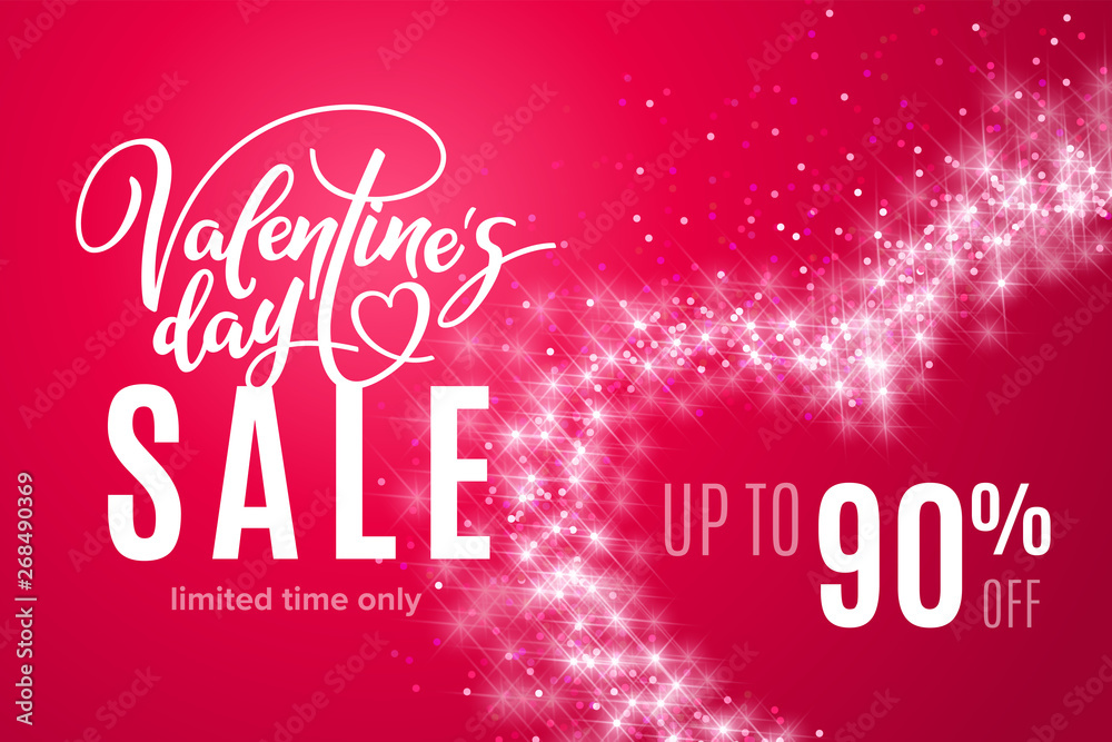 Valentine's day holiday sale 90 percent off with heart of glitter on red background. Limited time only. Template for a banner, poster, shopping, discount, invitation