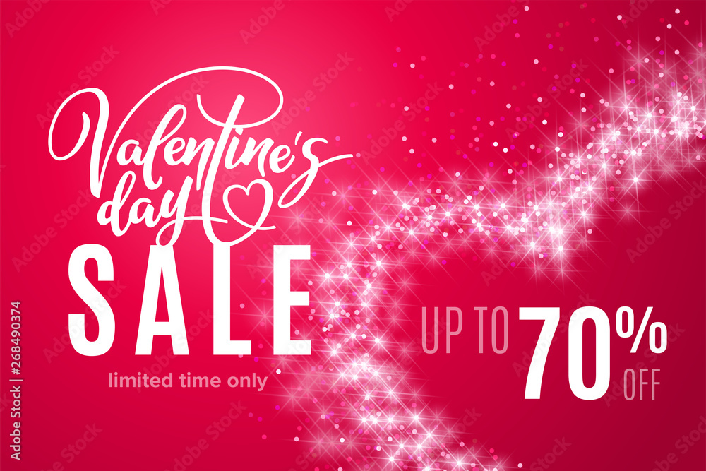Valentine's day holiday sale 70 percent off with heart of glitter on red background. Limited time only. Template for a banner, poster, shopping, discount, invitation