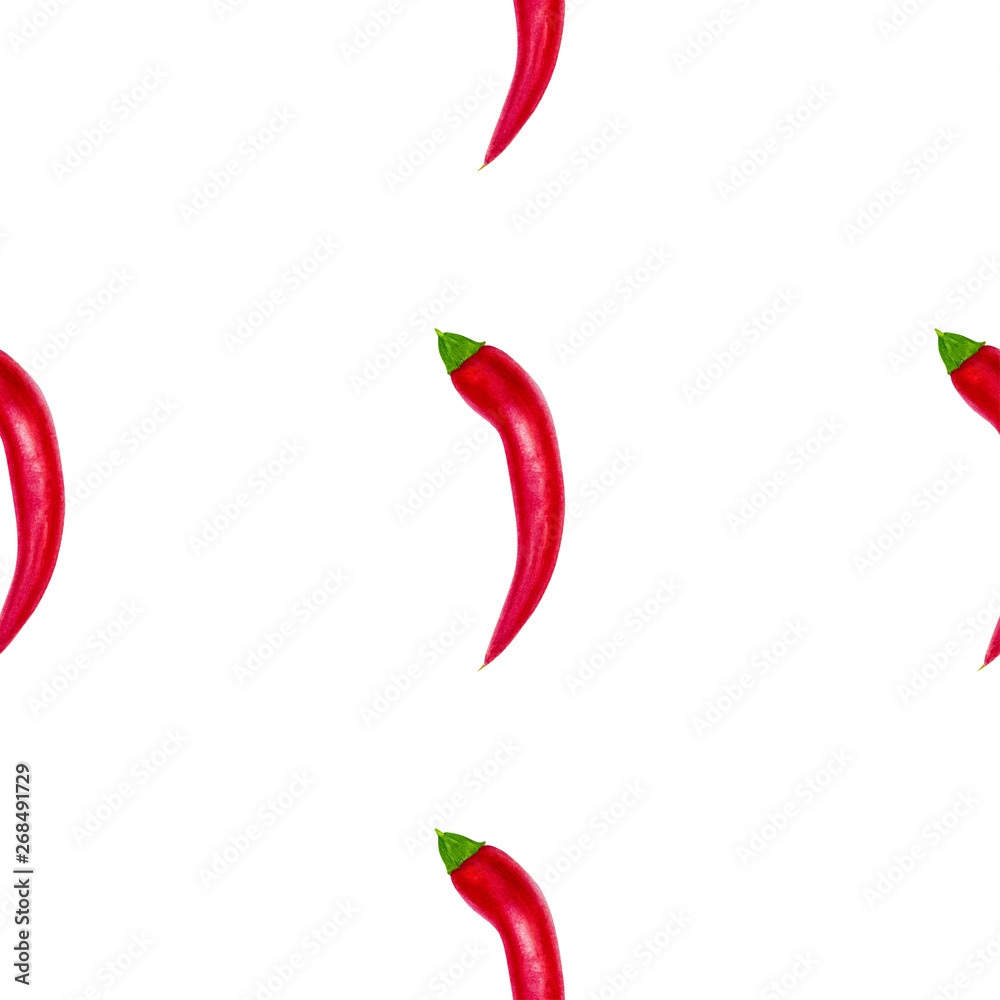 Red peppers seamless pattern background. Template for a business card, banner, poster, notebook, invitation, menu with modern watercolor botanical art