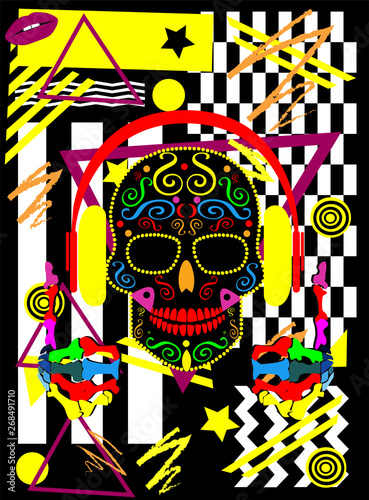 DJ Skull icon vivid colors pop art vector illustration background