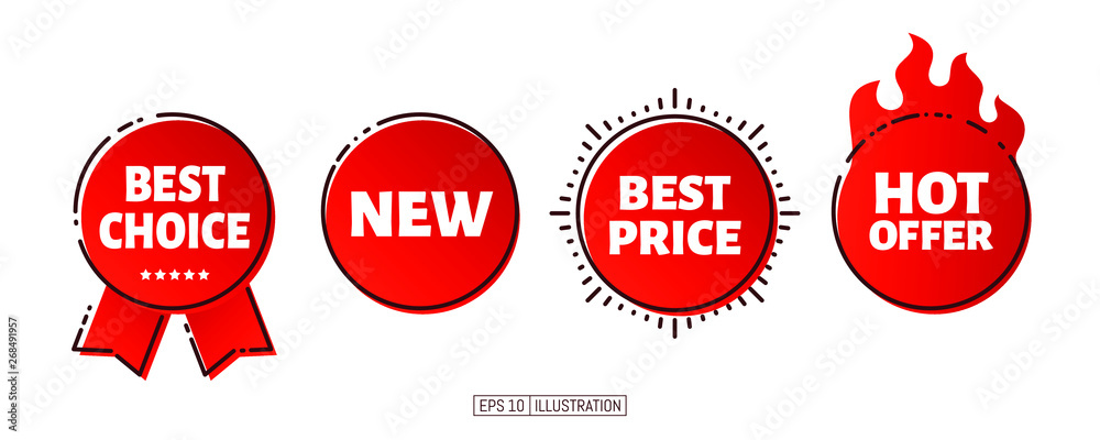 Set of product promotion banners. Hot offer, best choice, new, best price lettering. Template for your design works. Vector illustration. - obrazy, fototapety, plakaty 
