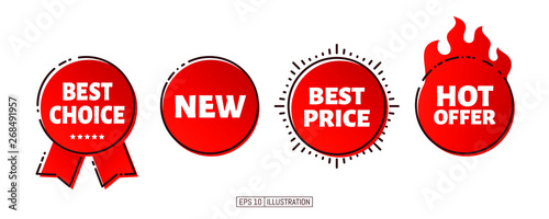 Set of product promotion banners. Hot offer, best choice, new, best price lettering. Template for your design works. Vector illustration.