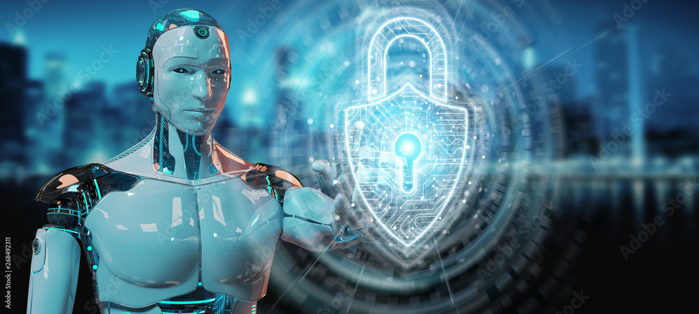 White robot protecting datas with digital security padlock hologram 3D rendering White robot protecting datas with digital security padlock hologram 3D rendering