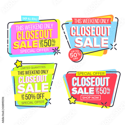 Wallpaper Mural Closeout Sale Template Banner In Frame Set Vector. Creative Marketing Sale Promotion Innovative Colored Text Boxes Mention Modern Typography Design. Color Paper Voucher Flat Cartoon Illustration Torontodigital.ca