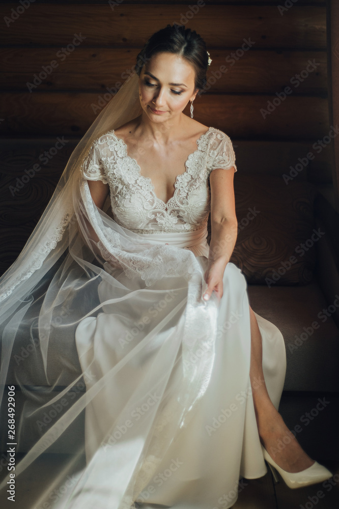 Fototapeta premium Beautiful bride posing , wedding preparation. 