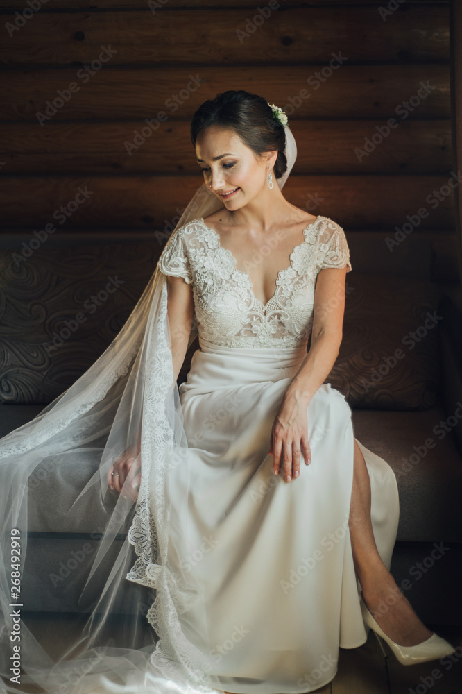 Fototapeta premium Beautiful bride posing , wedding preparation.