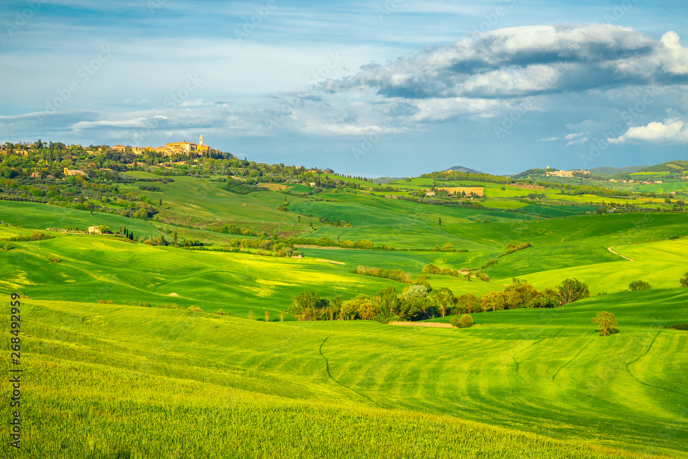 Pienza town and surrounding landscape in Val d'Orcia region of Tuscany, Italy.