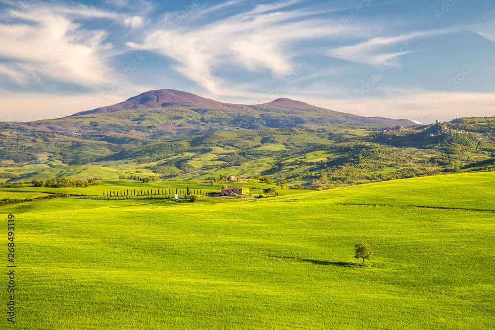 Landscape with Monte Amiata hill in Val d'Orcia region of Tuscany, Italy.