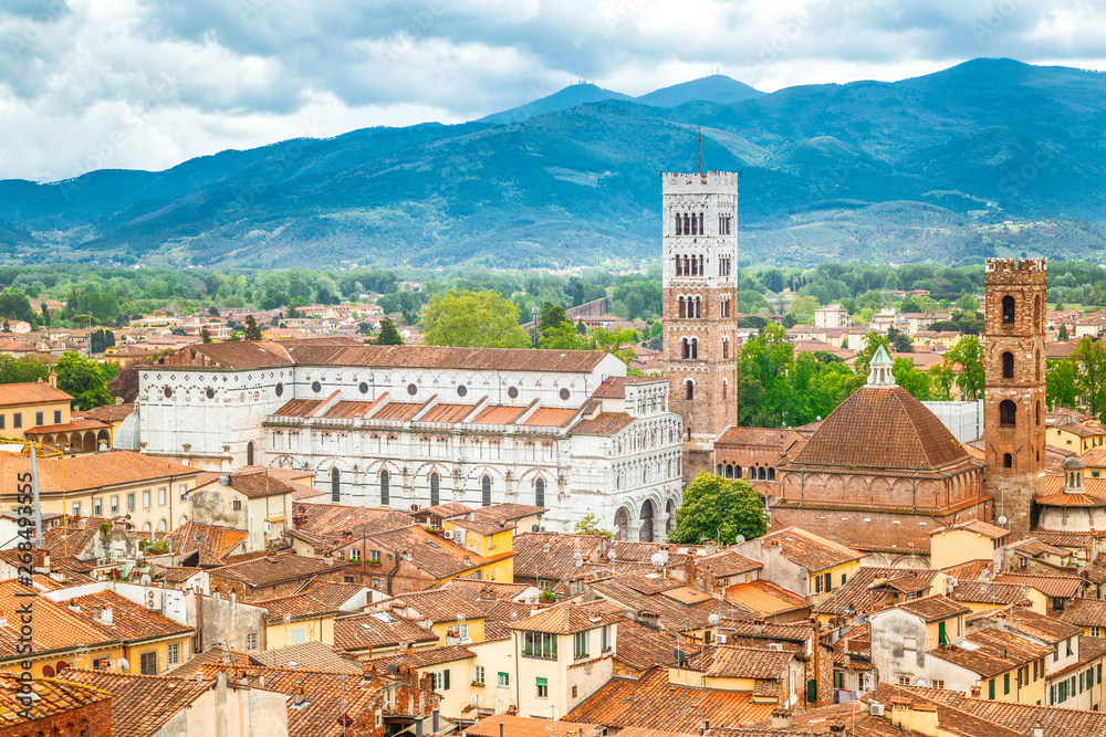 Top view of the Lucca city in Tuscany, Italy, Europe.
