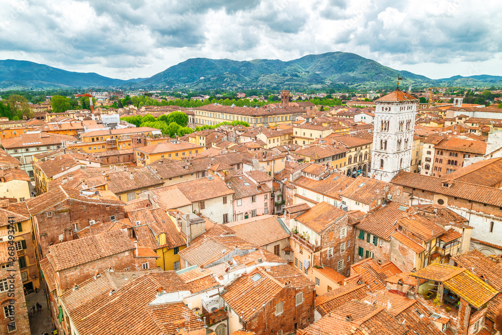 Top view of the Lucca city in Tuscany, Italy, Europe.