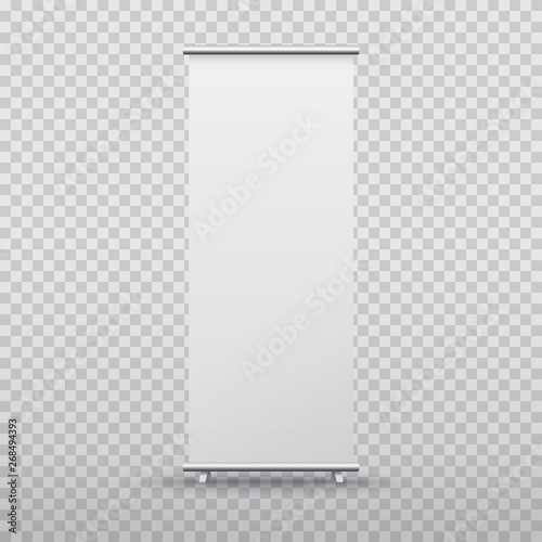 Roll up banner stand isolated on transparent background. Vector blank display mockup for presentation or exhibition product template.