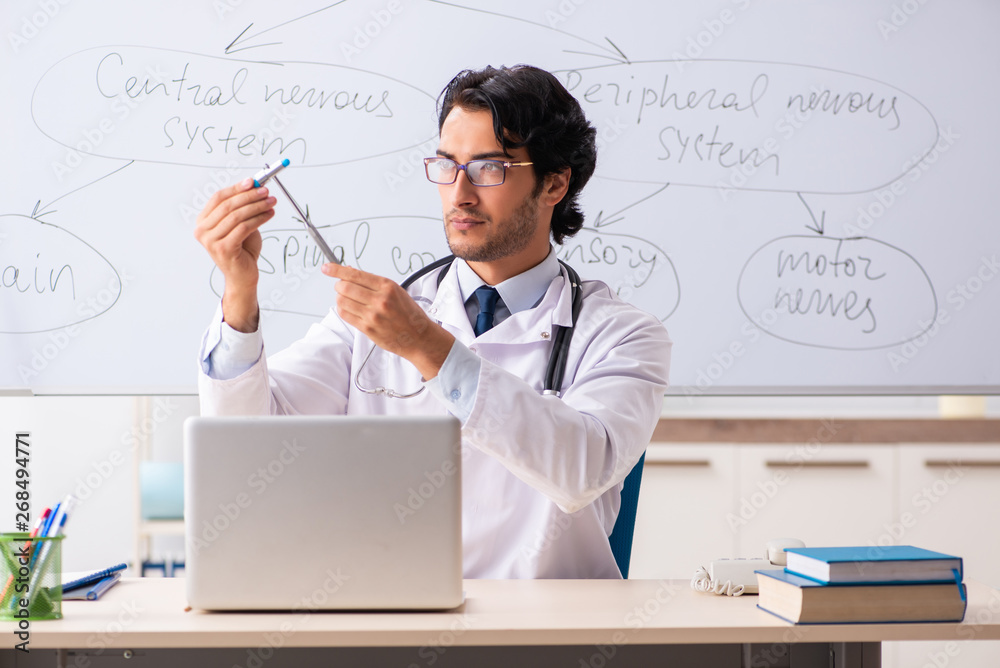 Young male doctor neurologist in front of whiteboard Young male doctor neurologist in front of whiteboard