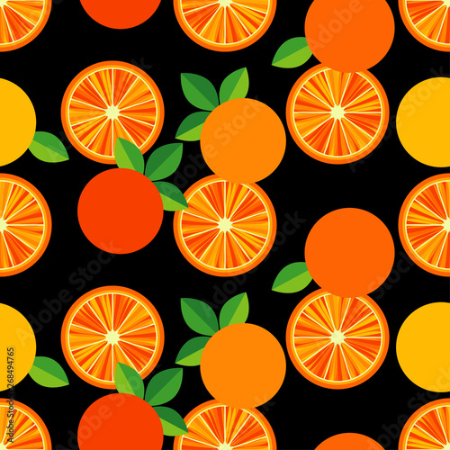 Seamless pattern with decorative oranges and leaves. Summer garden. Vector illustration. Can be used for wallpaper, textile, invitation card, wrapping, web page background.