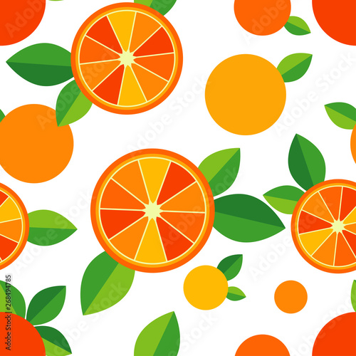 Seamless pattern with decorative oranges and leaves. Summer garden. Vector illustration. Can be used for wallpaper, textile, invitation card, wrapping, web page background.
