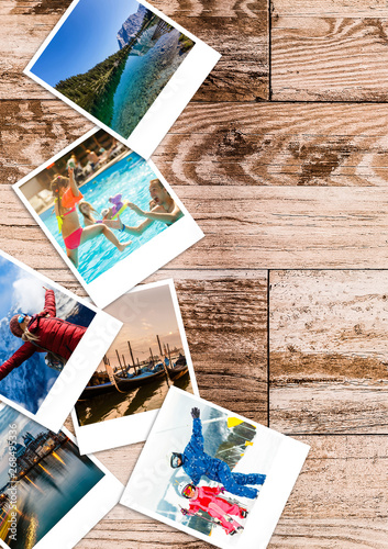 Vacation photos in retro photo frames over wooden background. Summer Vacation Concept