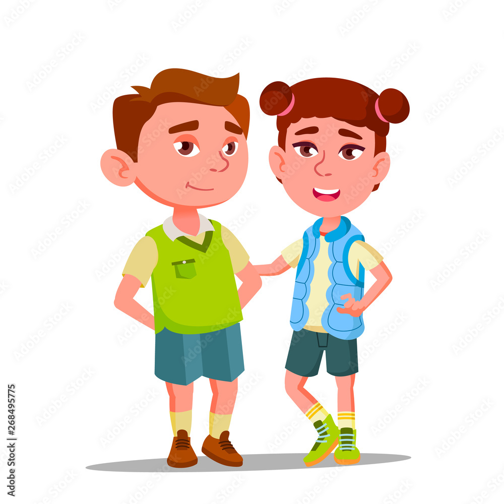 Characters Boy And Girl With Syndrome Down Vector. Physical Handicapped Children With Disease Syndrome Standing Together, Smiling And Hugging. Young Disability Flat Cartoon Illustration