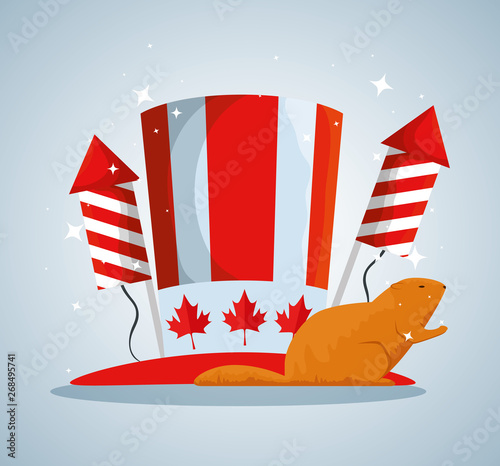 patriotic hat with fireworks and beaver to canada holiday