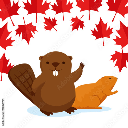 beaver with canada leaves to happy celebration holiday