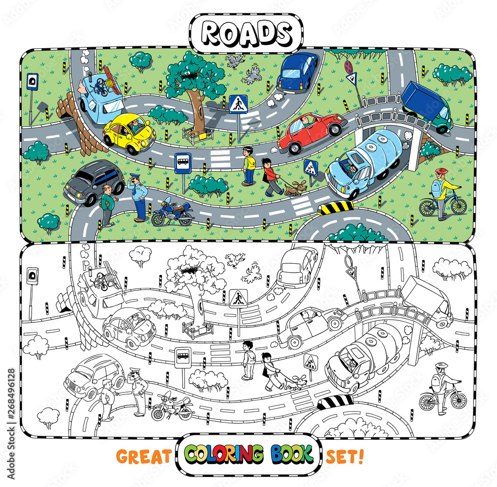Transportation Coloring book of roads with cars