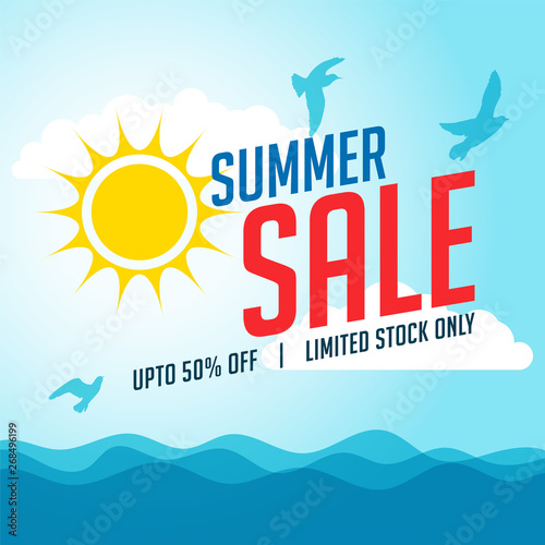 summer sale banner with sun and birds