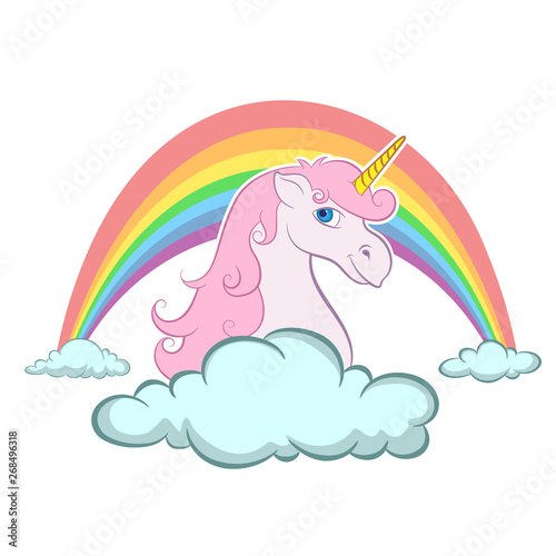 Unicorn head portrait vector illustration. Magic fantasy horse design for children t-shirt and bags. Childish character White unicorn with pink hair 