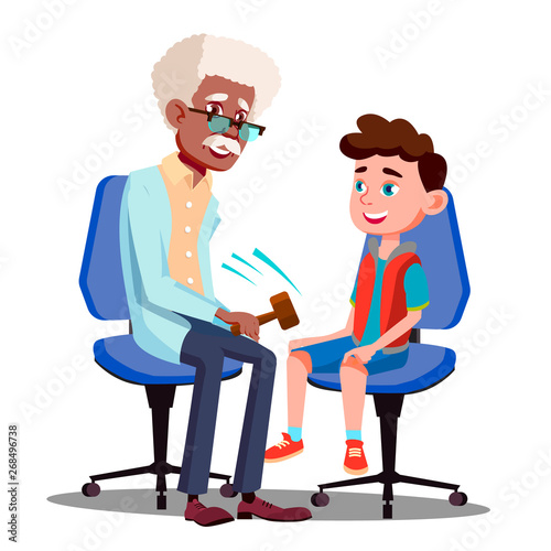 Character Neurologist Checking Boy Reflex Vector. Doctor Knocking Patella With Hammer For Diagnostic Reflex And Consultation Young Man In Hospital. Medicine Flat Cartoon Illustration