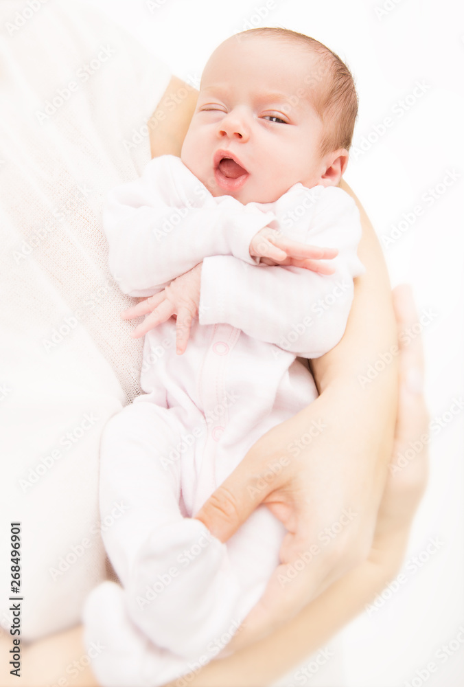 Newborn Baby Funny Face, New Born Kid Facial Expression, Happy Two Weeks Old Child on Mother Hands Newborn Baby Funny Face, New Born Kid Facial Expression, Happy Two Weeks Old Child on Mother Hands