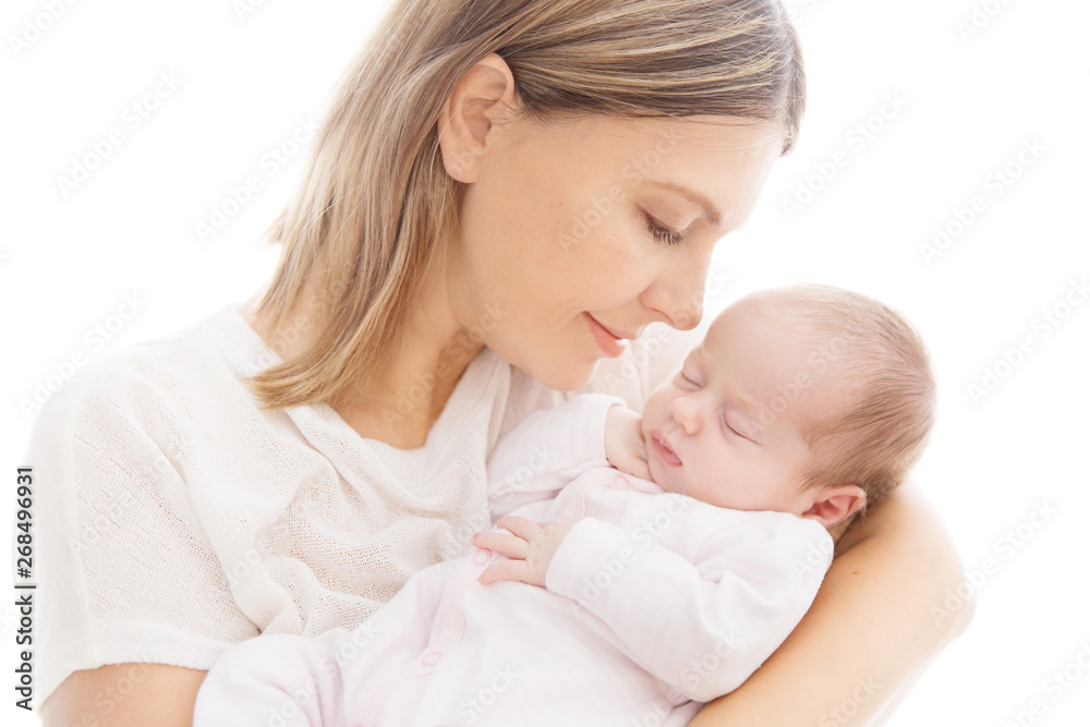 Newborn Baby and Mother, Mom with Sleeping New Born Kid on hands, Two Weeks Old Child on White Newborn Baby and Mother, Mom with Sleeping New Born Kid on hands, Two Weeks Old Child on White