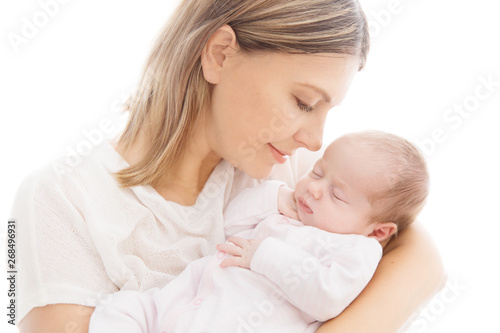 Newborn Baby and Mother, Mom with Sleeping New Born Kid on hands, Two Weeks Old Child on White