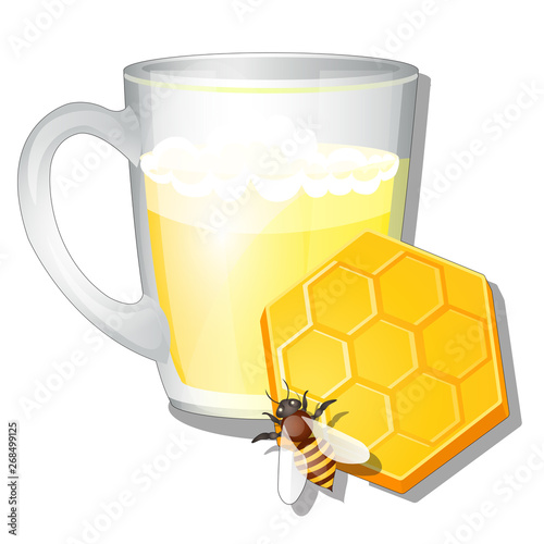 A glass mug of milk and honey isolated on white background. Delicious and natural healthy food. Vector cartoon close-up illustration.