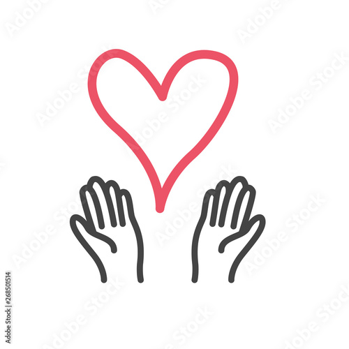 Hands with pink heart minimal icon isolated. Modern outline on white background