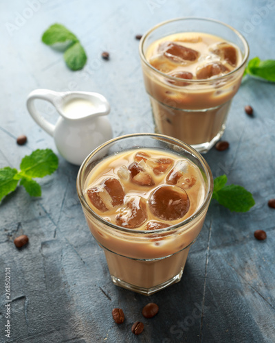 iced latte coffee in a glass with cold milk. Summer drink
