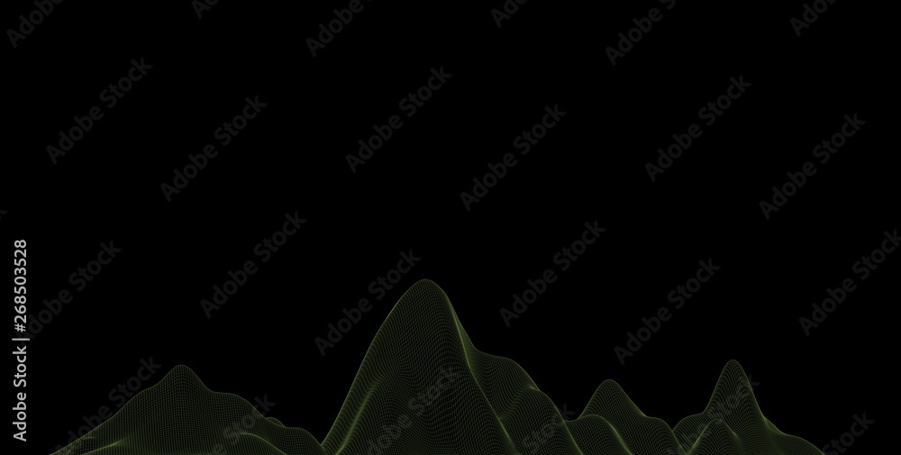 Abstract wireframe background. 3D grid illustration landscape. Terrain in the Mountains with valleys. Abstract wireframe background. 3D grid illustration landscape. Terrain in the Mountains with valleys.