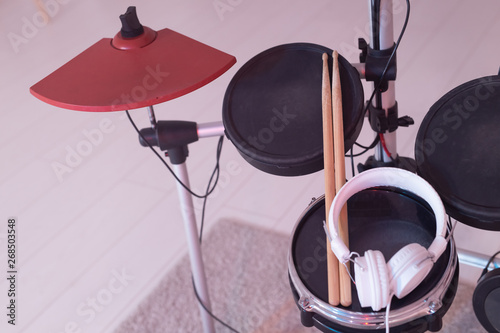 Musical instruments, hobby and music concept - electronic drum set © satura_