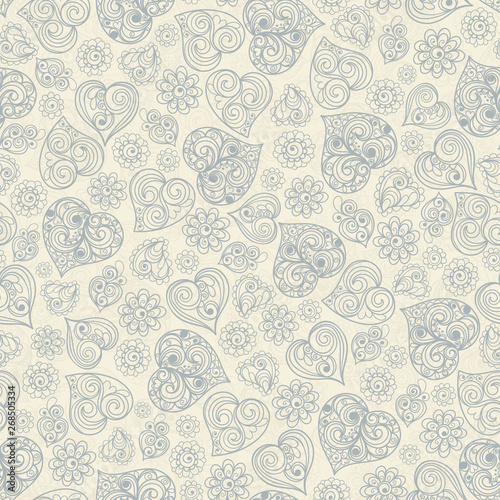 Seamless background pattern with hearts and, flower. The ornament consisting of blue hearts, beige background. Use for wallpaper, gift wrapping, for the manufacture of cards for St. Valentine's Day