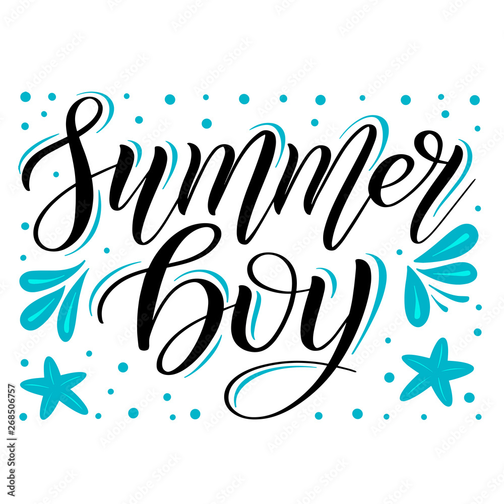 Summer boy. Childish design element for seasonal children's clothes. Black isolated cursive with decorative mint green ornament. Calligraphic style. Script lettering. Vector.