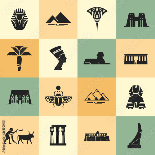 Collection of flat icons on a multi-colored background isolated on background. Egyptian symbols, landmarks, and celebrities in flat style icons.