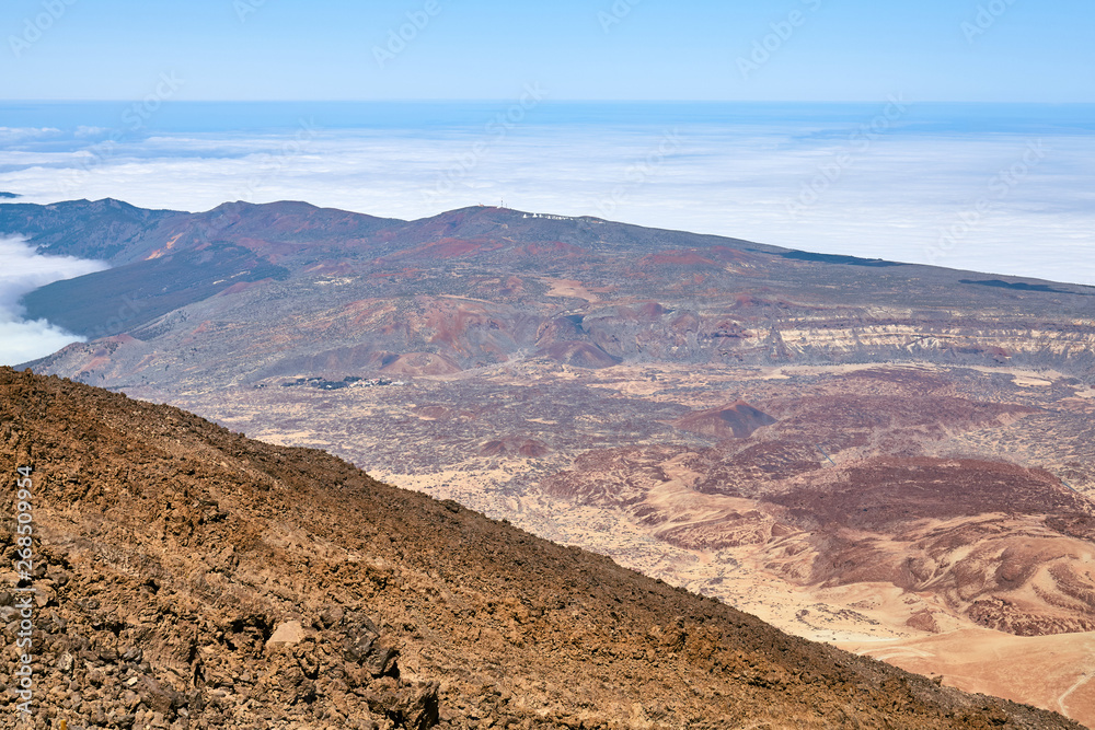 View from Mount Teide summit on Canadas del Teide caldera, considered one of the largest calderas on earth, Teide National Park, Tenerife, Spain.