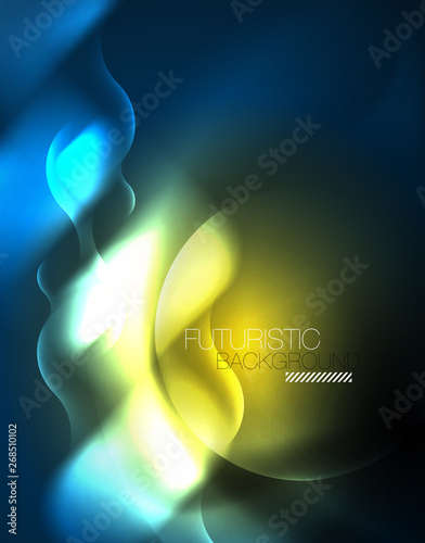 Neon glowing wave lines, blue hi-tech futuristic abstract background template