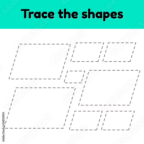 Educational tracing worksheet for kids kindergarten, preschool and school age. Trace the geometric shape. Dashed lines. Parallelogram.