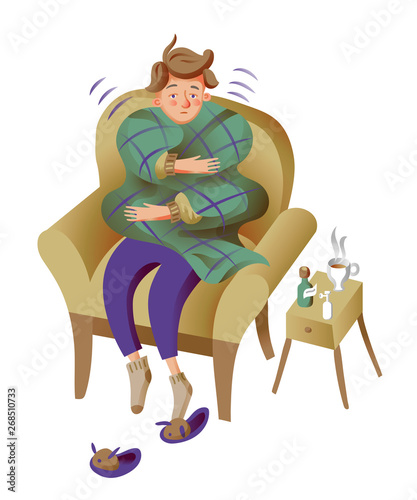 Man suffering from headache flat character