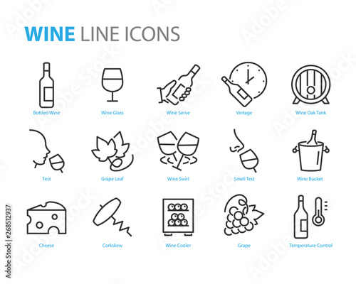 set of wine icon, such as grape, cheese, barrel, bottle, glass