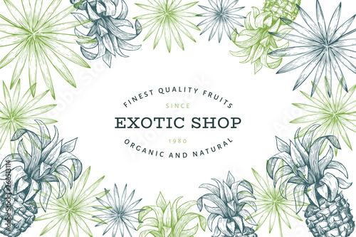 Pineapples and tropical leaves design template. Hand drawn vector tropical fruit illustration. Engraved style ananas fruit banner. Retro botanical frame.