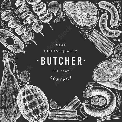 Vintage vector meat products design template. Hand drawn ham, sausages, jamon, spices and herbs. Raw food ingredients. Retro illustration on chalk board. Can be use for label, restaurant menu. photo