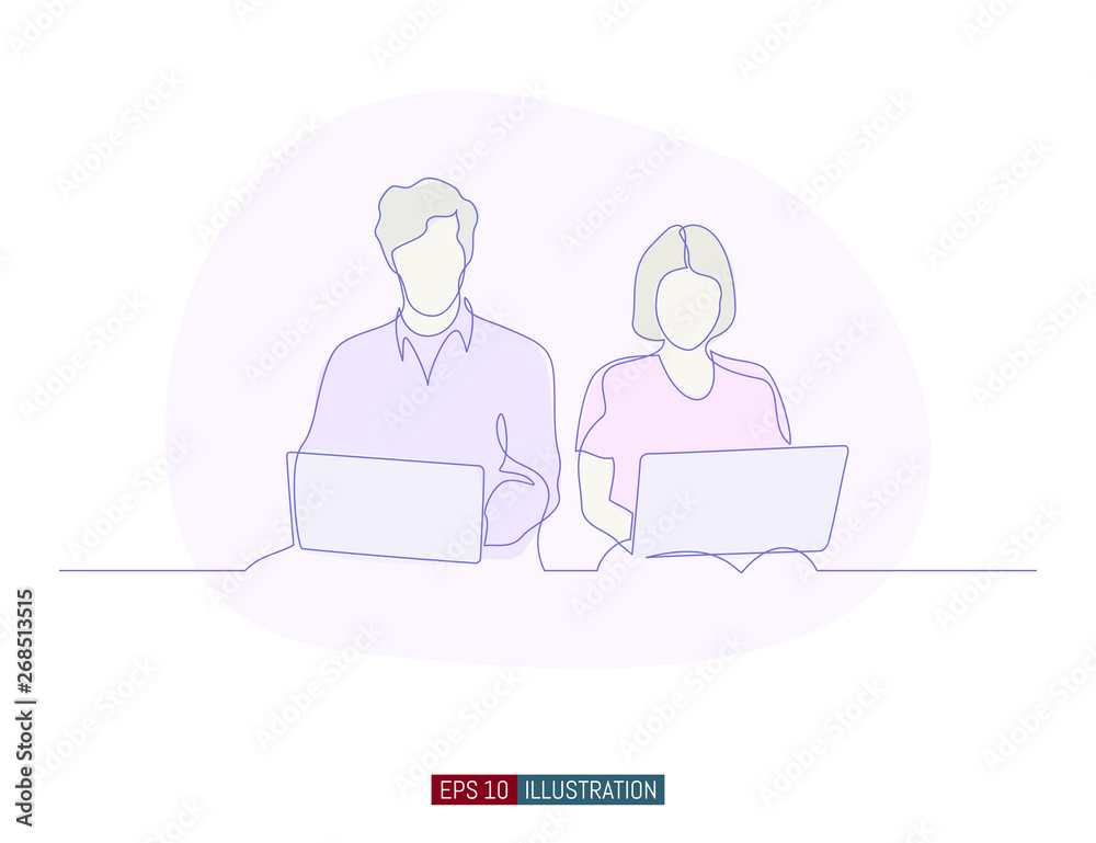 Continuous line drawing of boy and girl are sitting with laptops. Template for your design works. Vector illustration.