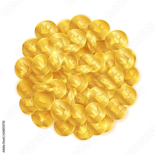 Top view treasure of golden coins with crown symbol on white background.