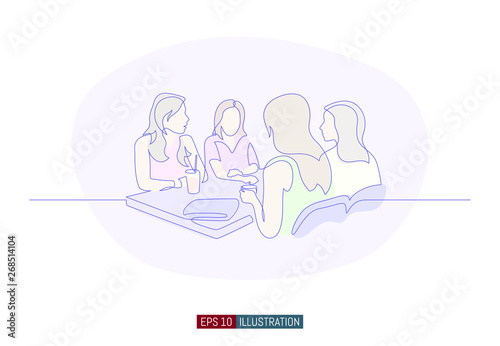 Continuous line drawing of girls at a table in a cafe. Template for your design works. Vector illustration.