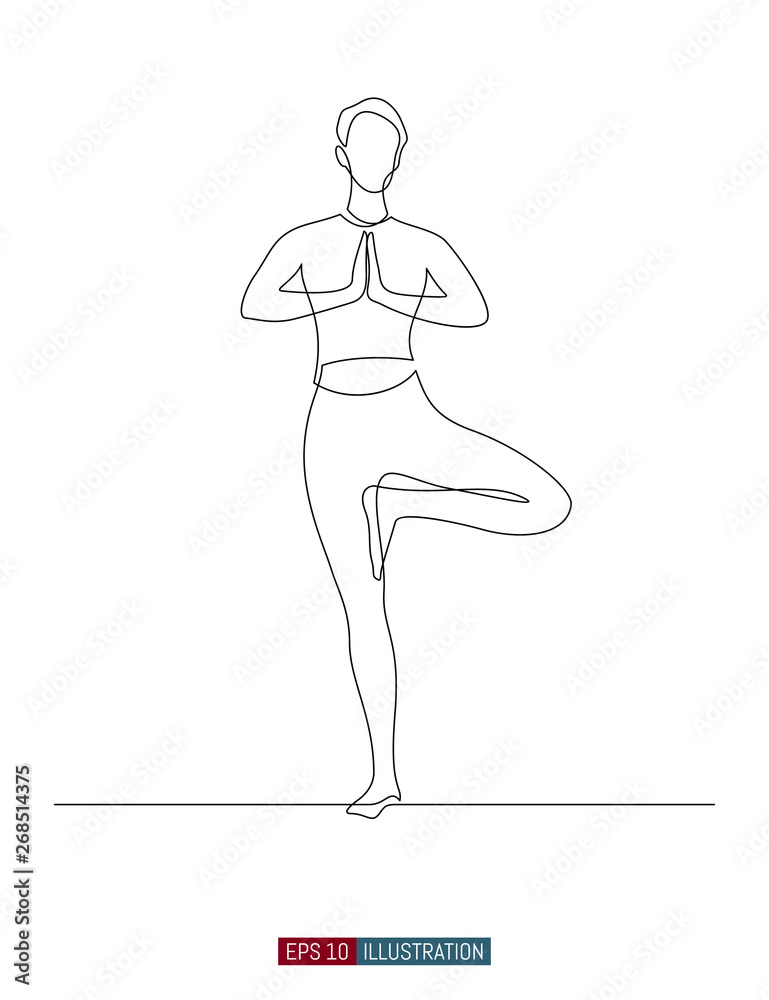 Continuous line drawing of girl doing yoga. Template for your design works. Vector illustration.