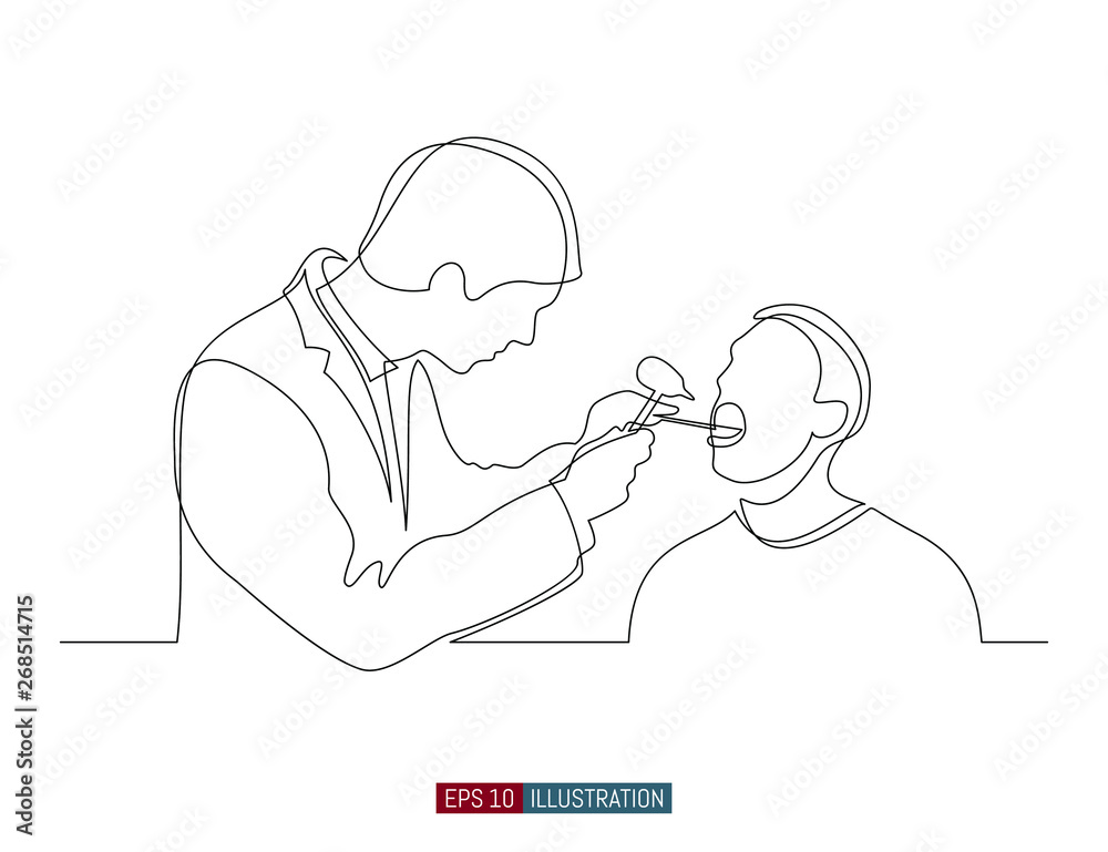 Continuous line drawing of doctor and patient. Hospital scene. Template for your design works. Vector illustration. Continuous line drawing of doctor and patient. Hospital scene. Template for your design works. Vector illustration.