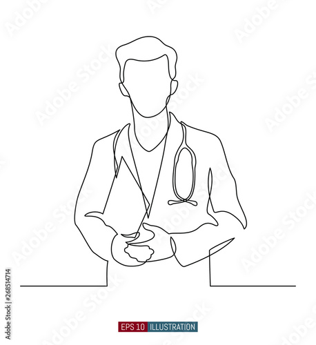 Continuous line drawing of doctors silhouette. Hospital scene. Template for your design works. Vector illustration.